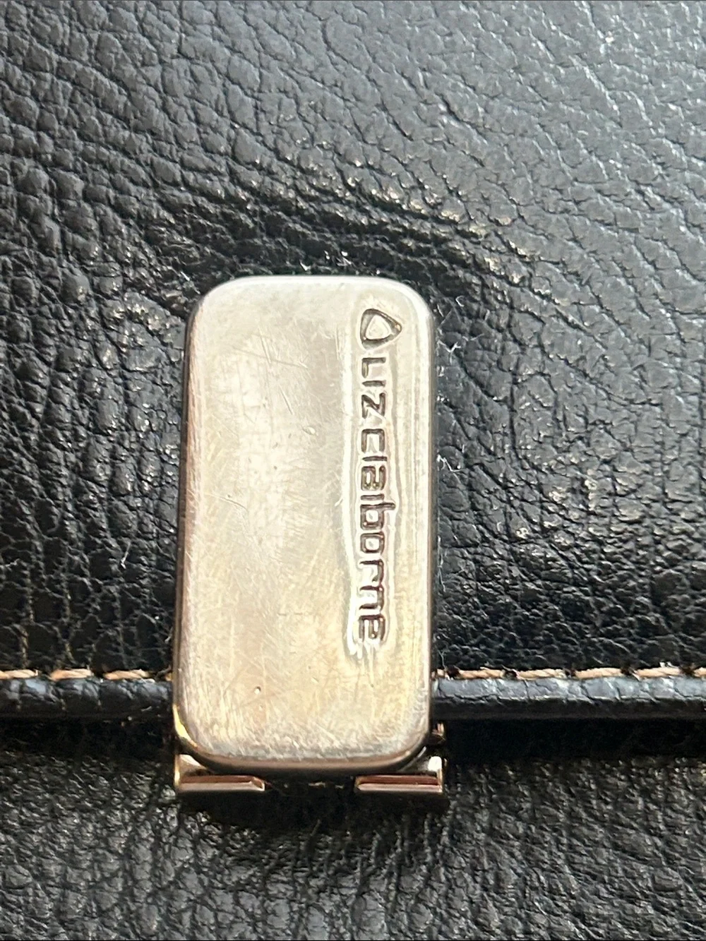 Vintage 90’s Liz Claiborne Black Pebble Leather Book Wallet with Silver Hardware